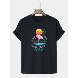 Mens 100% Cotton Flamingo & Plant Floral Print Short Sleeve T-Shirt