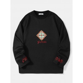 Mens Ethnic Letter Pattern Embroidered Loose Long Sleeve T-Shirts