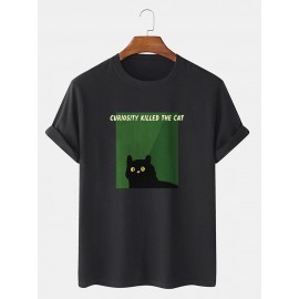 Mens Black Cat Letter Graphic Short Sleeve Cotton T-Shirts
