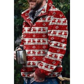 Christmas Elk Print Stand Collar Men's Fleece Jacket
