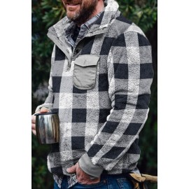 Gray Stand Collar Pocket Fleece Plaid Jacket