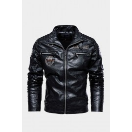 Black Vintage Fleece Inner PU Leather Men's Zipper Jacket