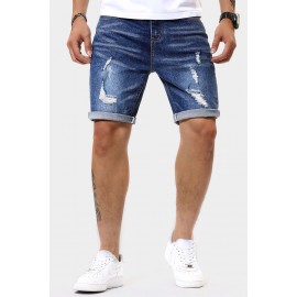 Dark Blue Slim-fit Distressed Men's Denim Shorts