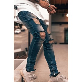 Men Zipped Ankles Distressed Skinny Jeans