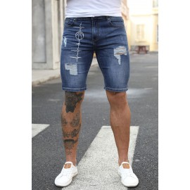 Blue Men's Basketball Printed Skinny Fit Ripped Denim Shorts