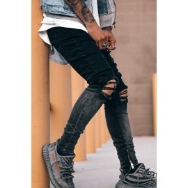 Black Gradient Color Zip-up Distressed Slim-fit Men's Jeans